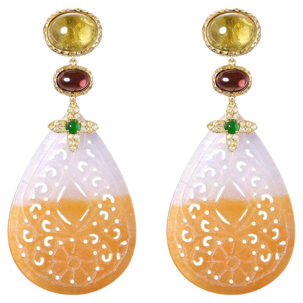 Boucles d'oreilles pendantes en or jaune 14K en jade sculpté avec tourmaline et saphir
