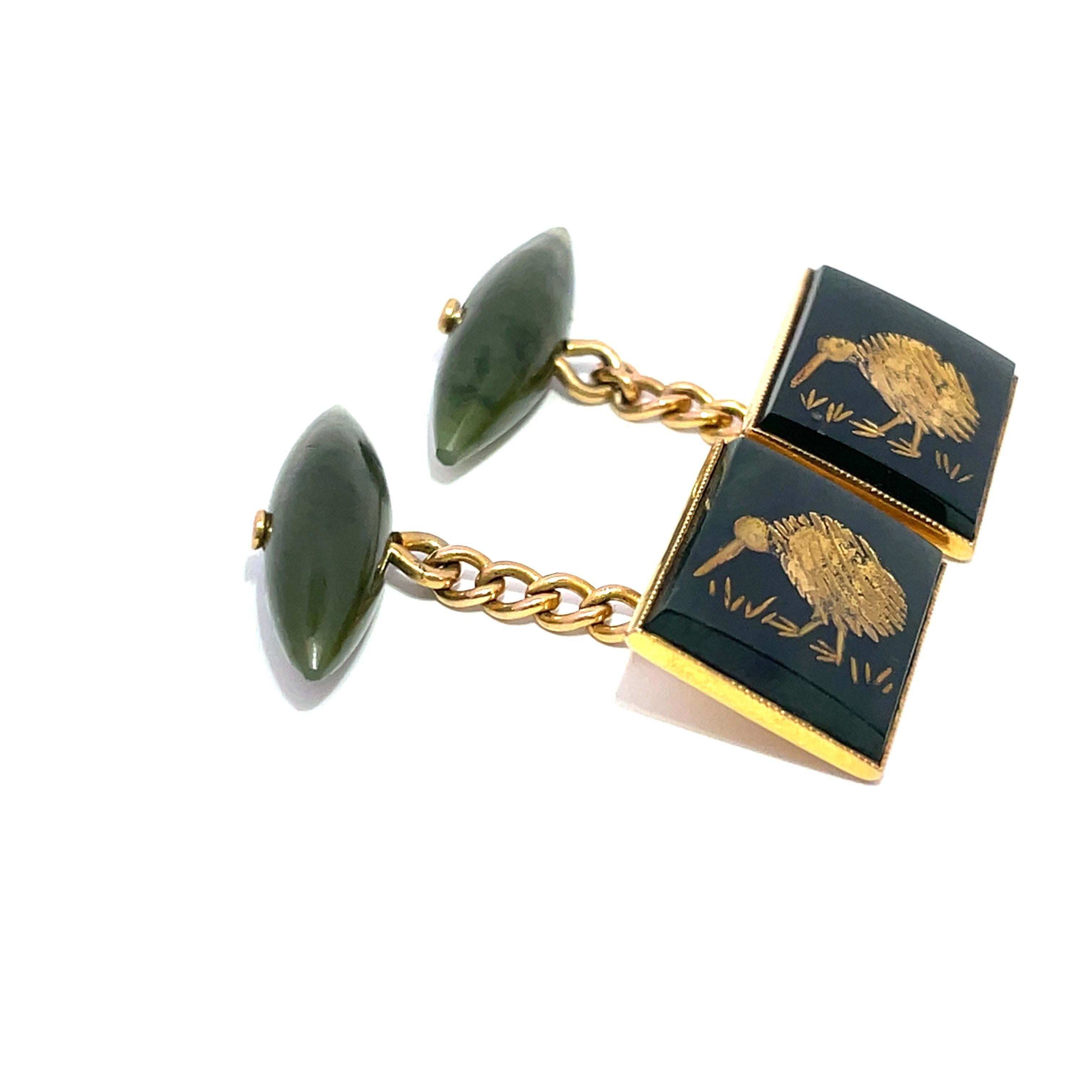 Mixed Cut 14k Yellow Gold Carved kiwi Design Jade Cufflinks For Sale