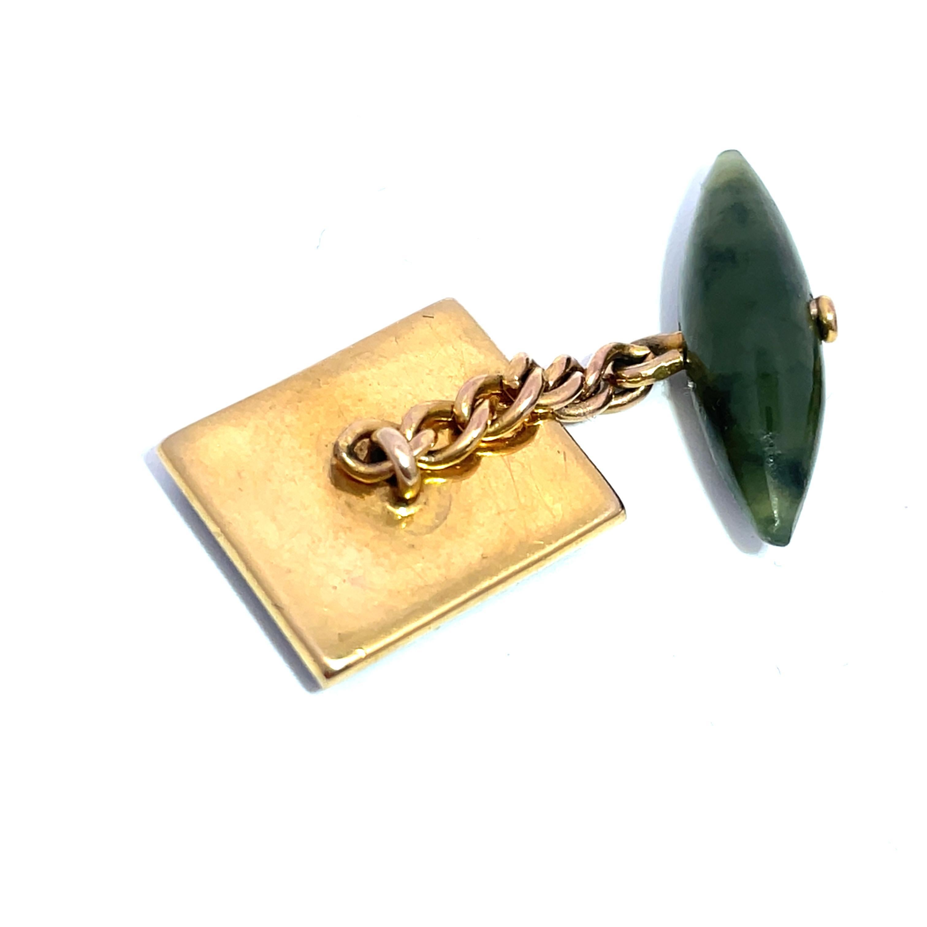 Women's or Men's 14k Yellow Gold Carved kiwi Design Jade Cufflinks For Sale