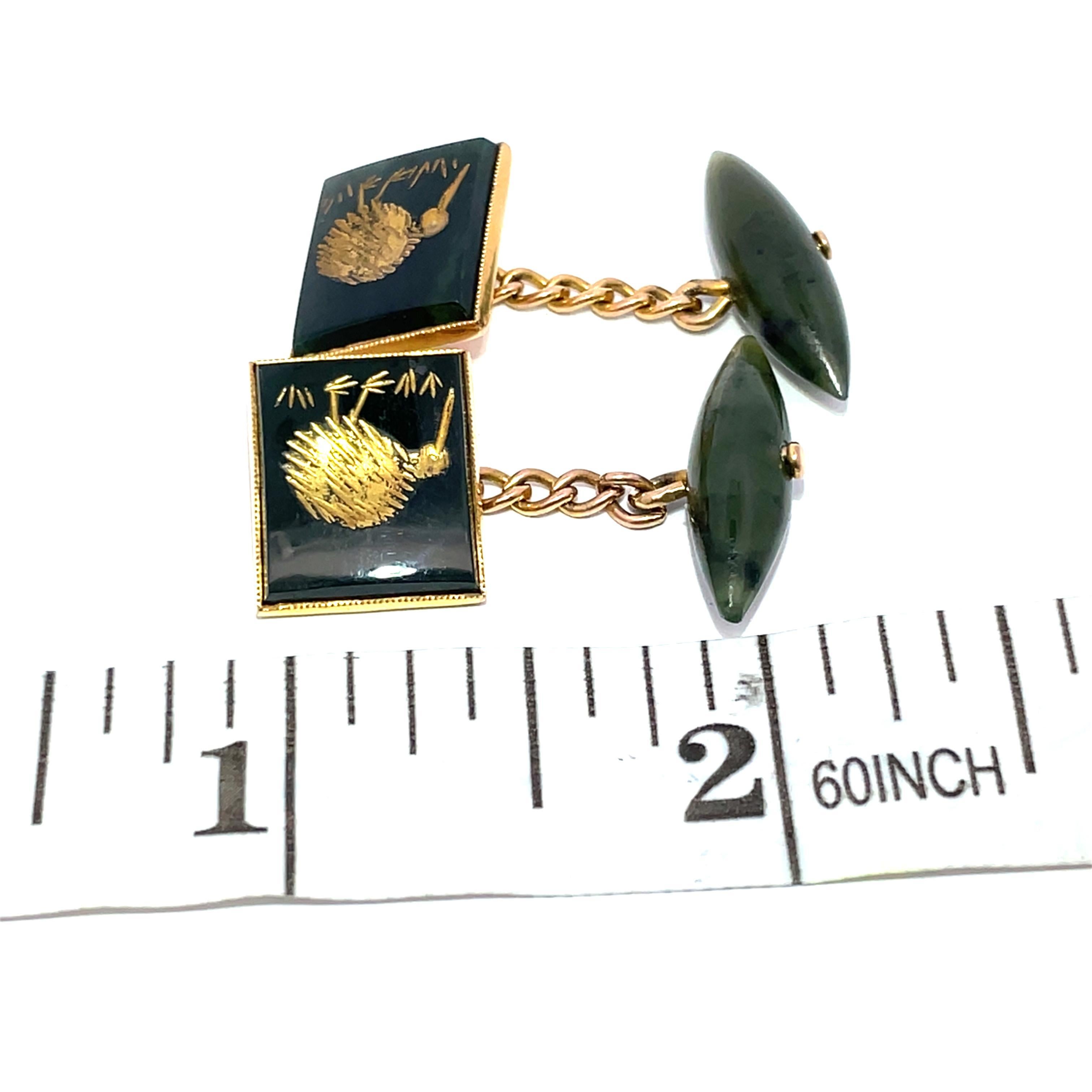 14k Yellow Gold Carved kiwi Design Jade Cufflinks For Sale 2