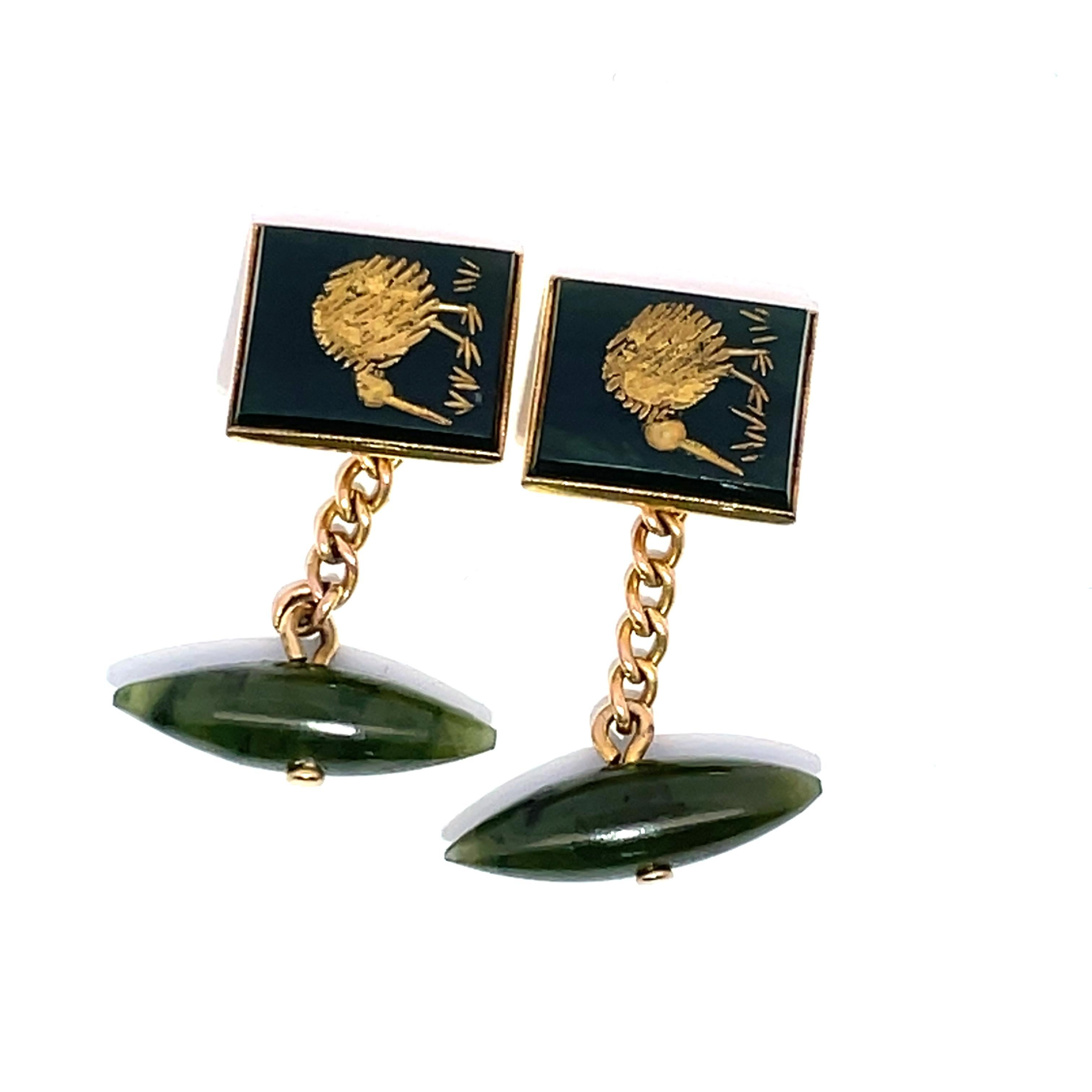 14k Yellow Gold Carved kiwi Design Jade Cufflinks For Sale 3