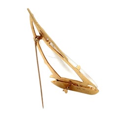 14K Yellow Gold Carved Quartz Sailboat Brooch