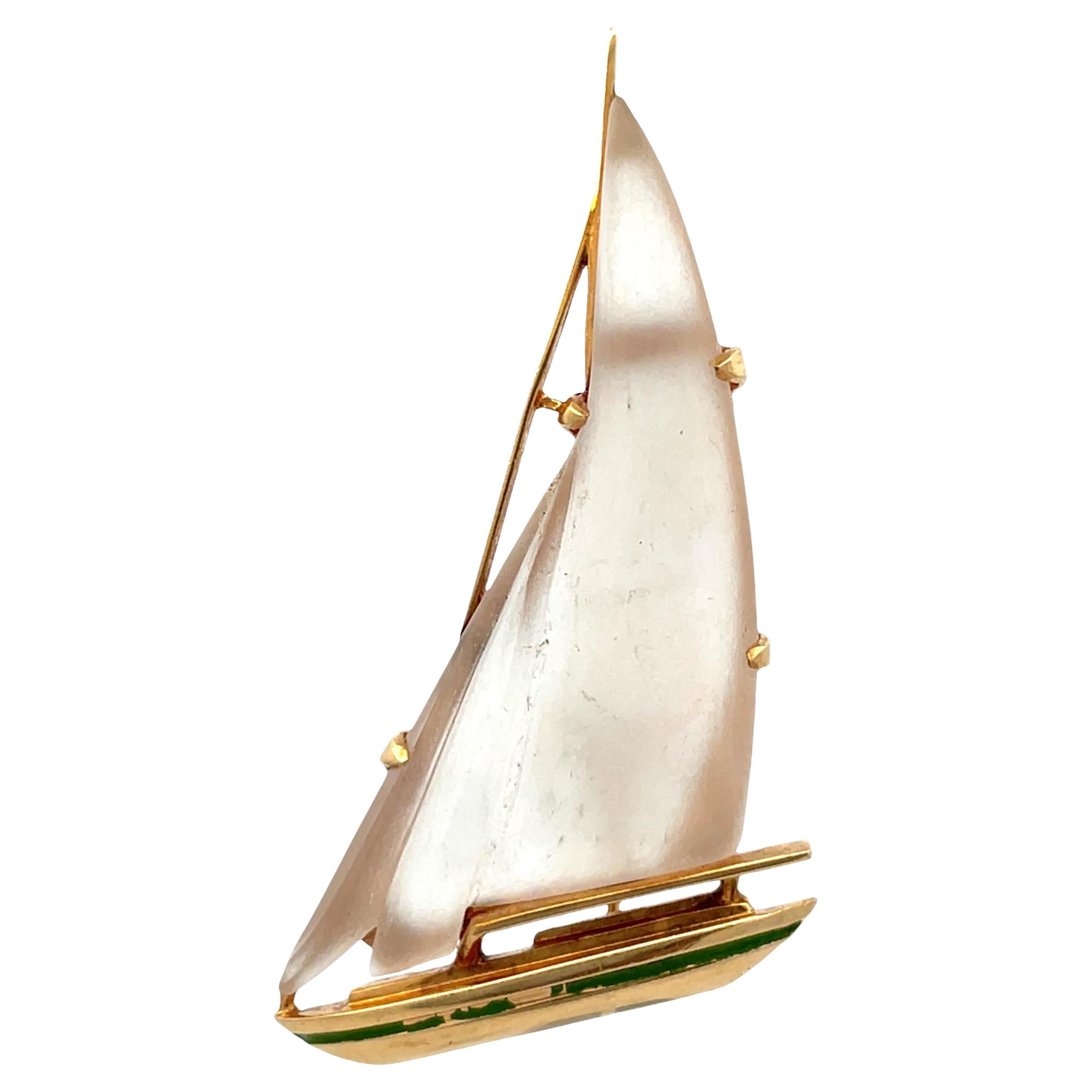 14K Yellow Gold Carved Quartz Sailboat Brooch with Green Enamel