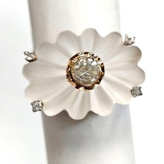 14k Yellow Gold Carved Rock Crystal and Diamond Ring, 0.38ct size 7 1/2