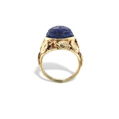 14K Yellow Gold Carved Scarab Lapis Ring Hand Wrought Size 3.25