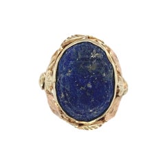 14K Yellow Gold Carved Scarab Lapis Ring Hand Wrought Size 3.25