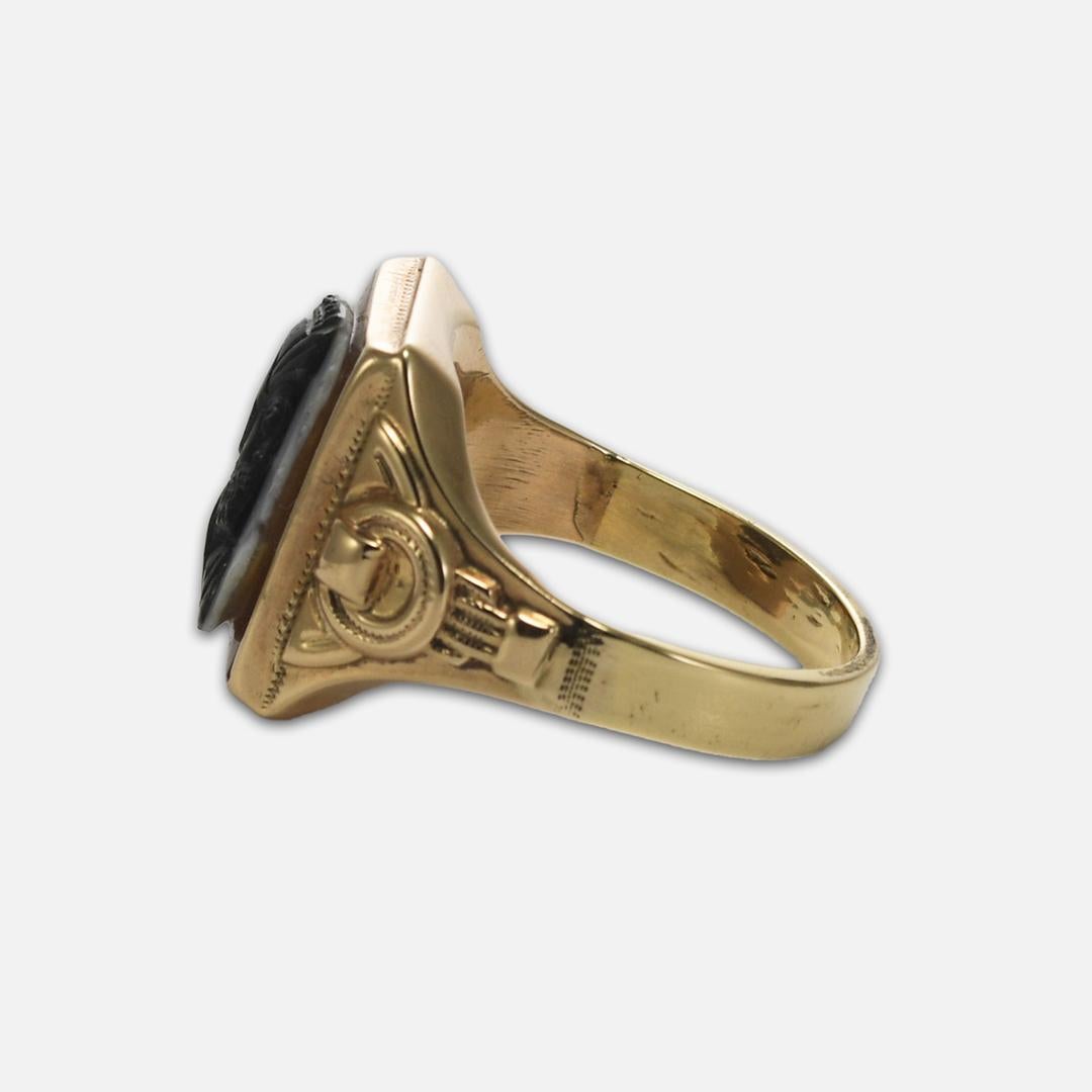 14K Yellow Gold Carved Shell Cameo Men's Signet Style Ring 1