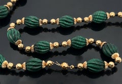 14k Yellow Gold Carved Spiral Malachite w/ Black Beads 28.5" Long Chain Necklace