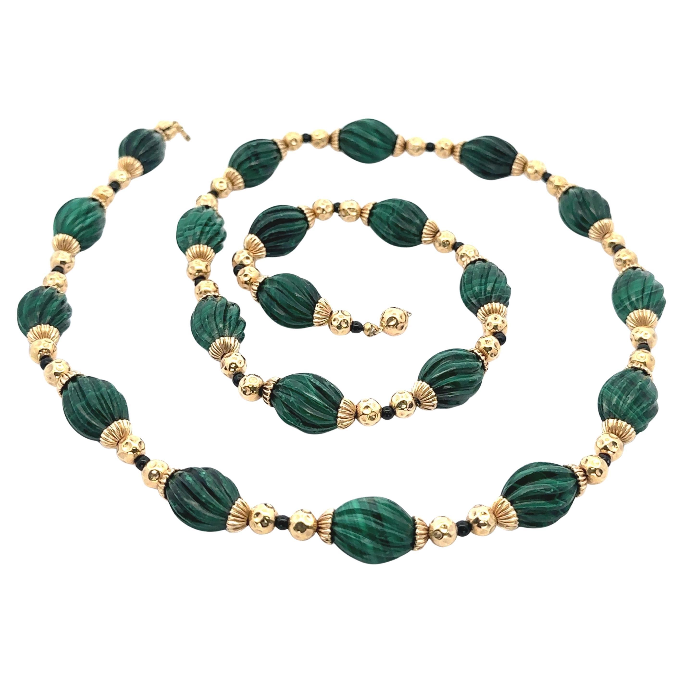14k Yellow Gold Carved Spiral Malachite w/ Black Beads 28.5" Long Chain Necklace