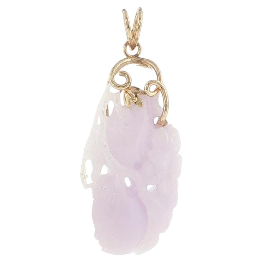14K Yellow Gold Carved White Jade Floral Pendant, 2 Inch Length, 12.6g For Sale