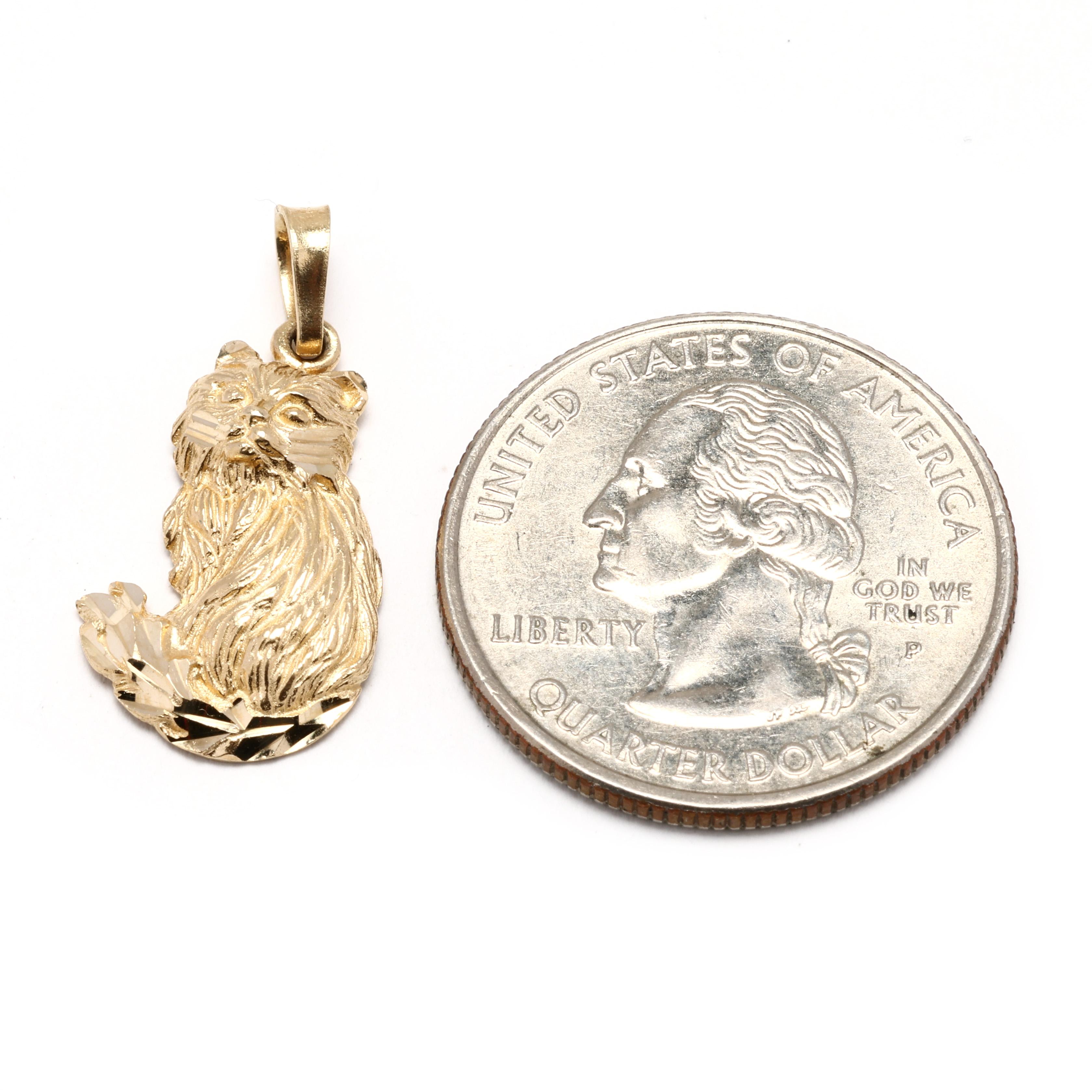 14k Yellow Gold Cat Charm, Length 1 Inch, Animal Lover, Whimsical In Good Condition In McLeansville, NC