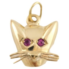 14k Yellow Gold Cat Charm with Pink Stone Eyes