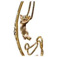 Collier pendentif chat en or jaune 14k et chaîne en or jaune 18k