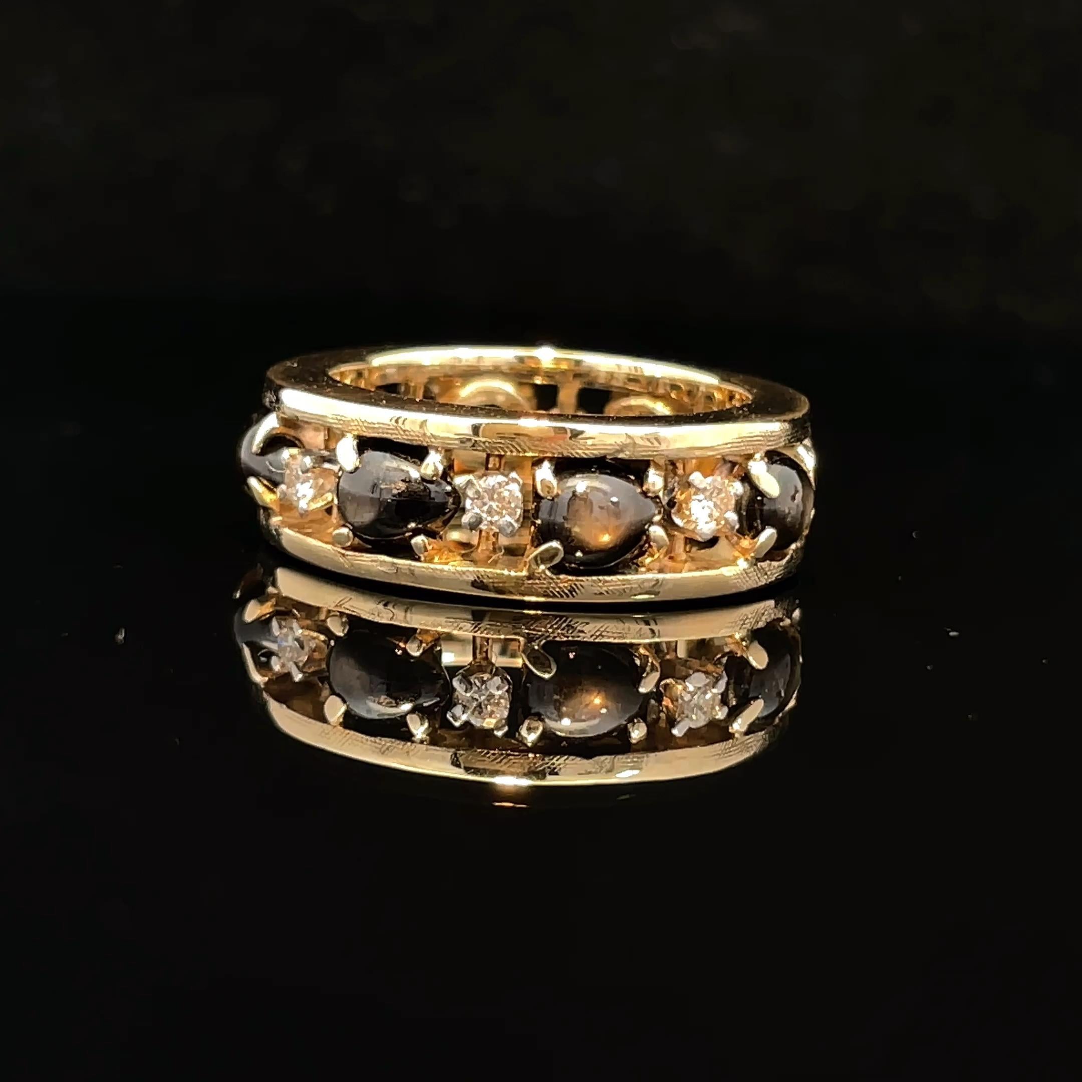 Taglio misto Anello a fascia con occhio di gatto e diamante in oro giallo 14k in vendita