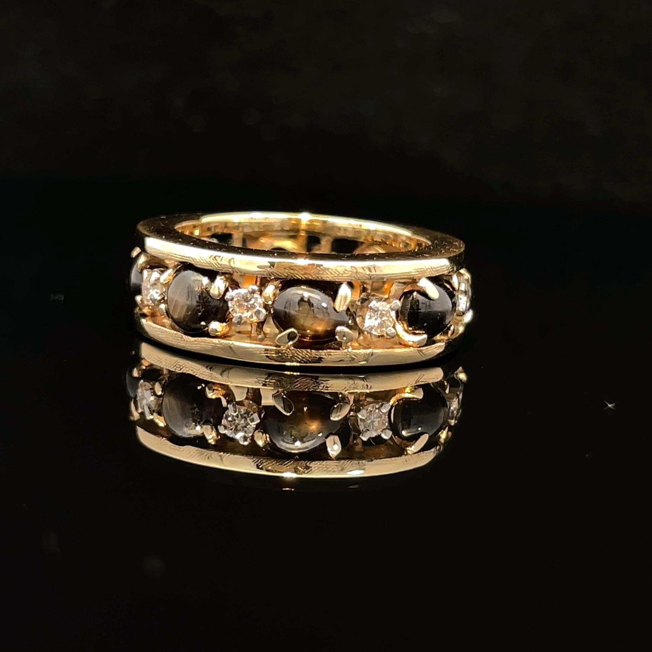 da uomo o donna Anello a fascia con occhio di gatto e diamante in oro giallo 14k in vendita