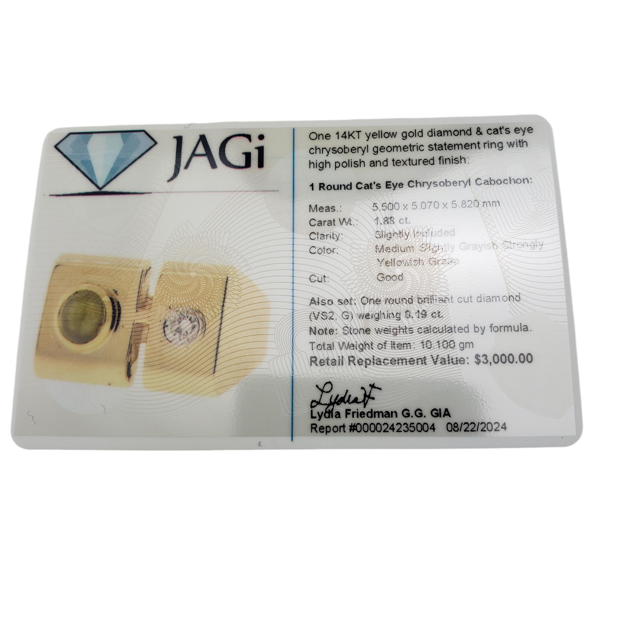 14K Yellow Gold Cat's Eye Chrysoberyl & Diamond Ring Size 7.5 #18862 For Sale 2