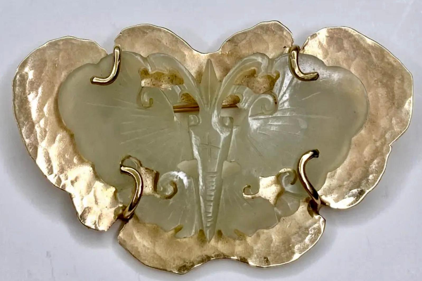 14K Yellow Gold Celadon Jade Butterfly Brooch. Celadon jade and 14K gold butterfly brooch, 10.8 grams. Dimensions: 2