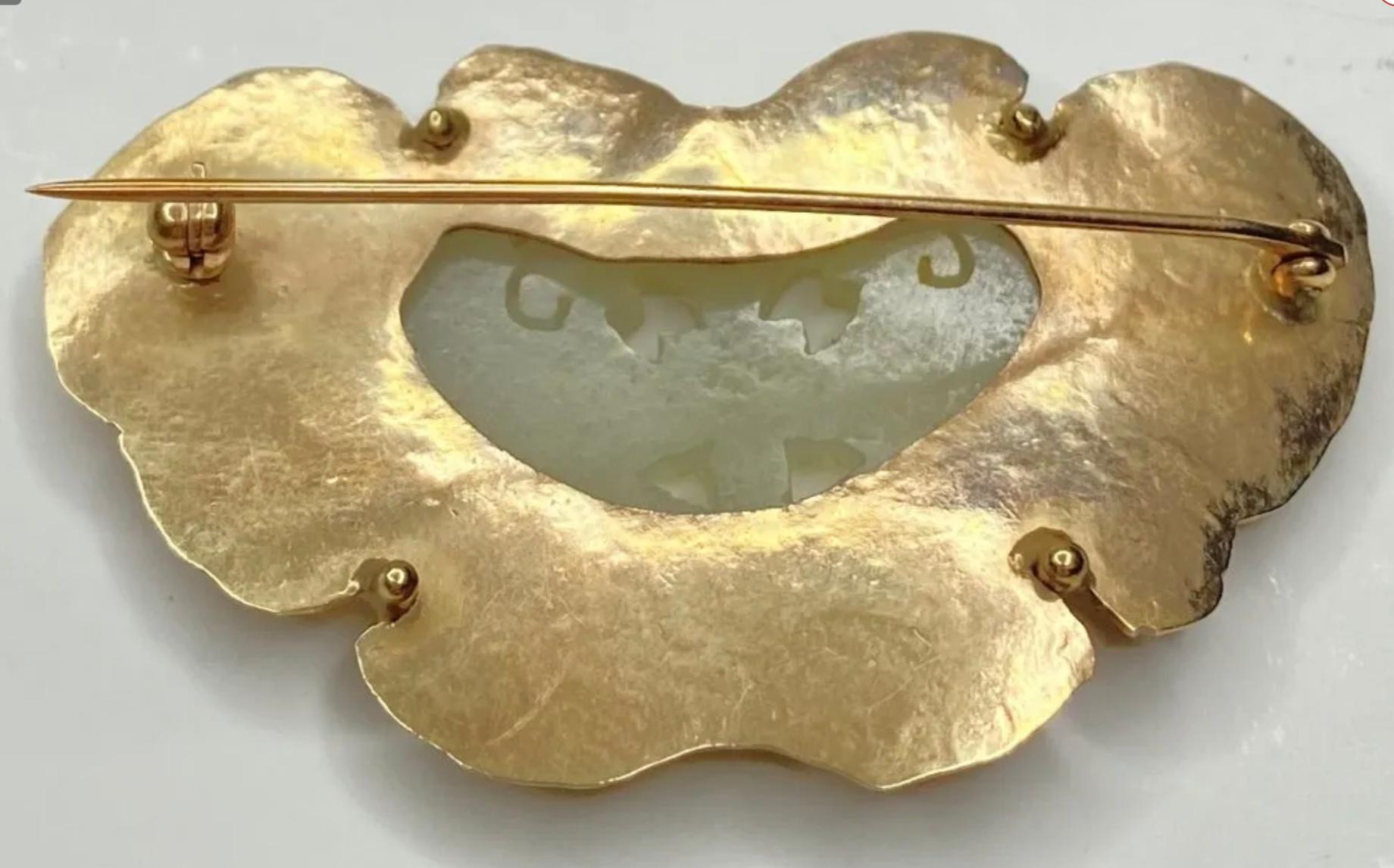 Artisan 14K Yellow Gold Celadon Jade Butterfly Brooch For Sale
