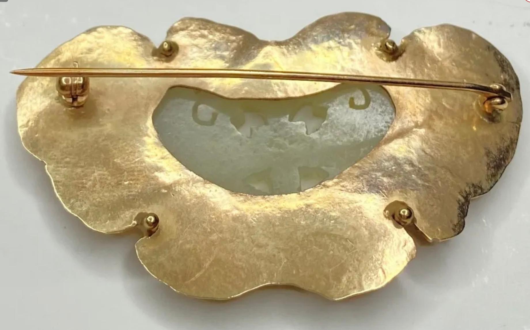 Artisan 14K Yellow Gold Celadon Jade Butterfly Brooch