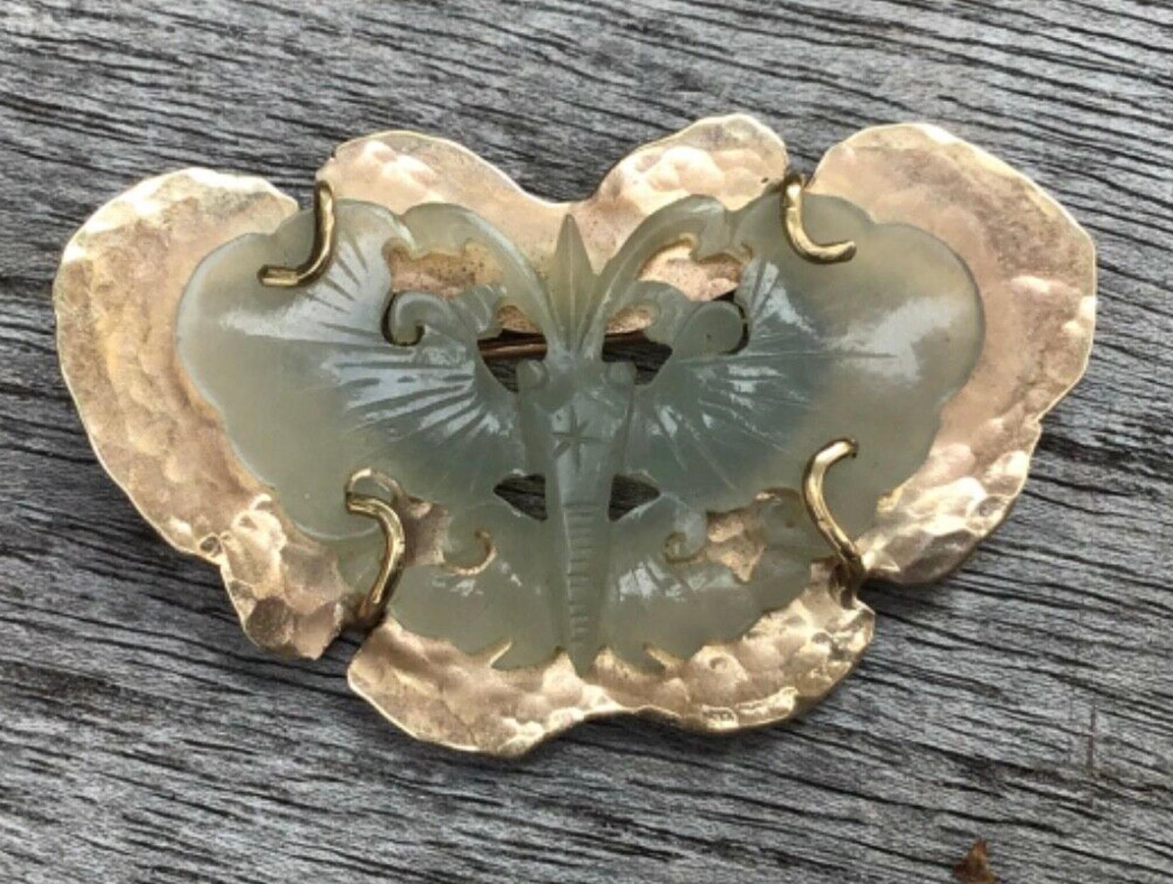 Uncut 14K Yellow Gold Celadon Jade Butterfly Brooch For Sale
