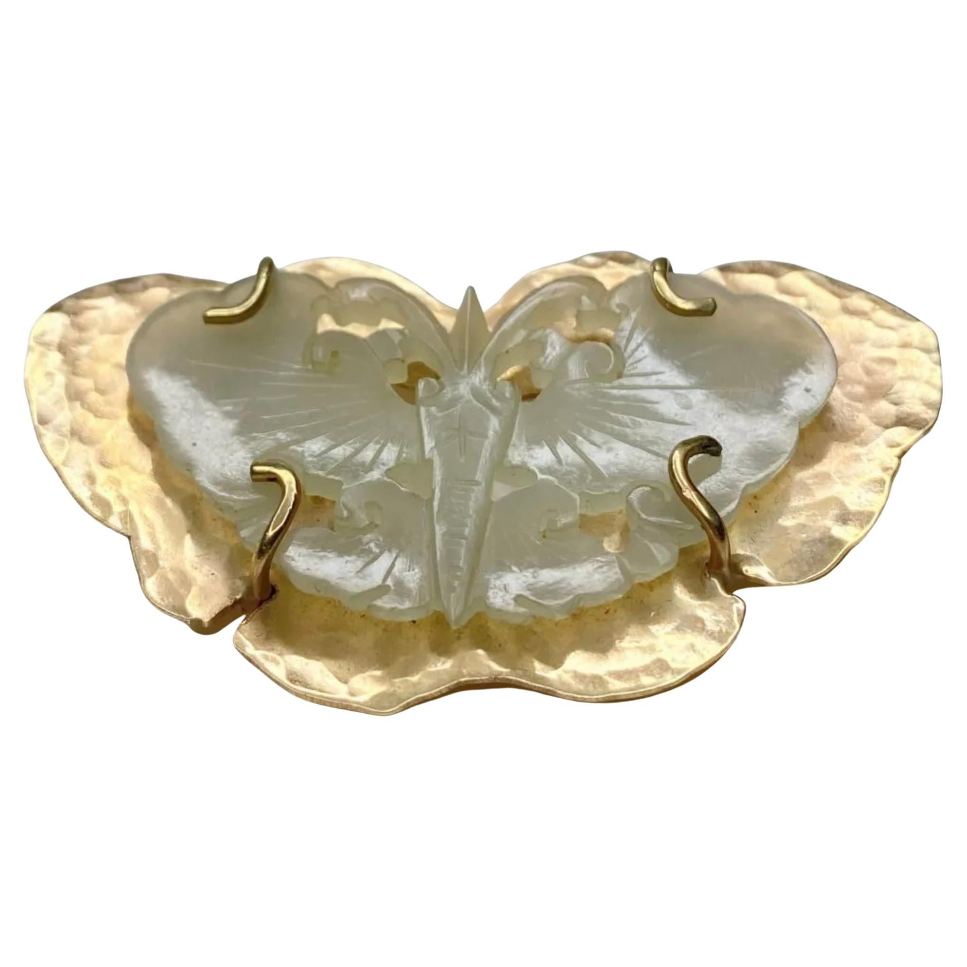 14K Yellow Gold Celadon Jade Butterfly Brooch For Sale