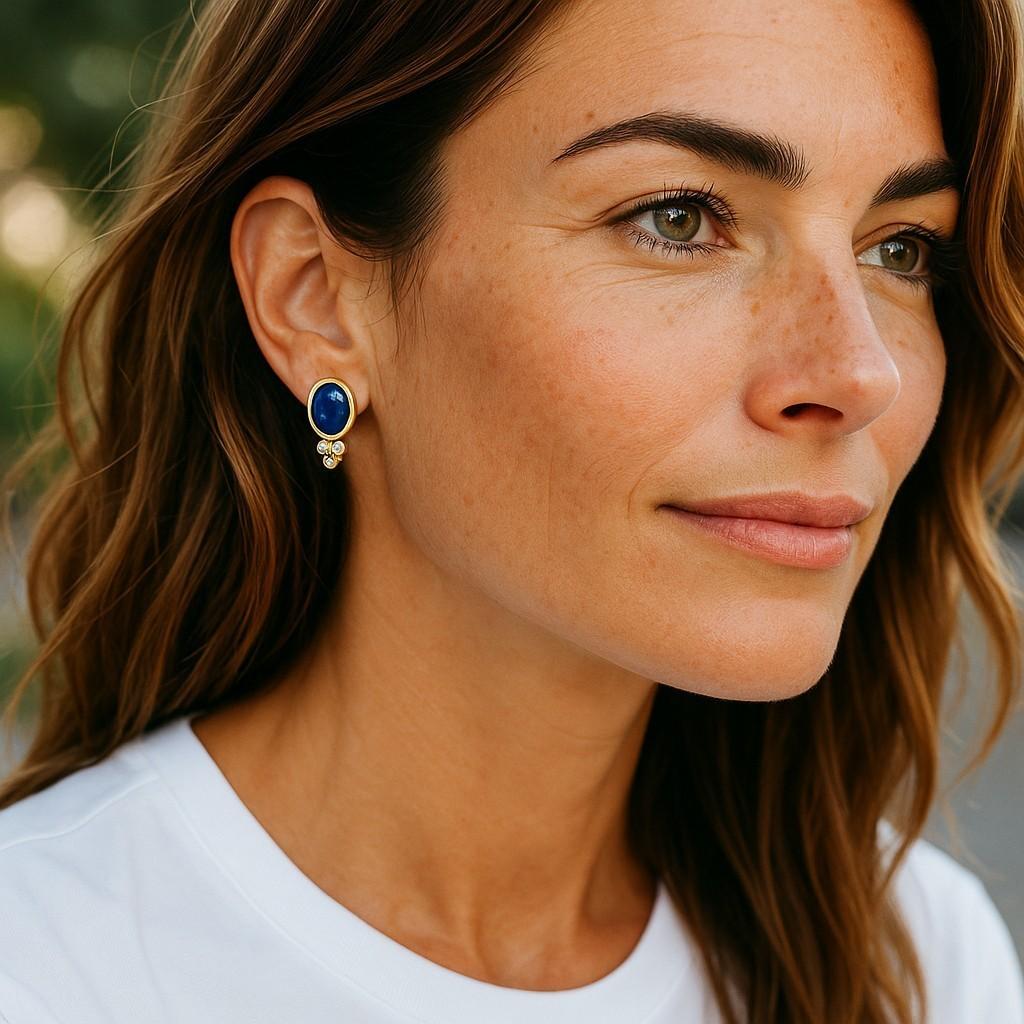 Eine zeitlose Fusion von Luxus und Eleganz
Werten Sie Ihre Schmucksammlung mit diesen exquisiten Ohrsteckern aus 14-karätigem Gelbgold mit einem Paar Ceylon-Cabochon-Saphiren und funkelnden Diamanten auf. Diese sorgfältig gefertigten Ohrringe