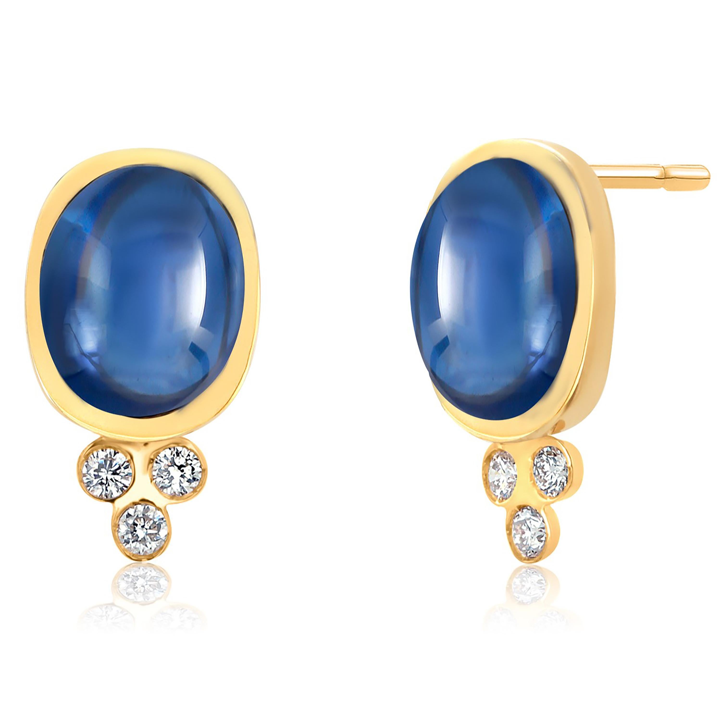Clous d'oreilles Ceylan en or jaune 14 carats sertis de saphirs cabochons et de diamants en vente 1