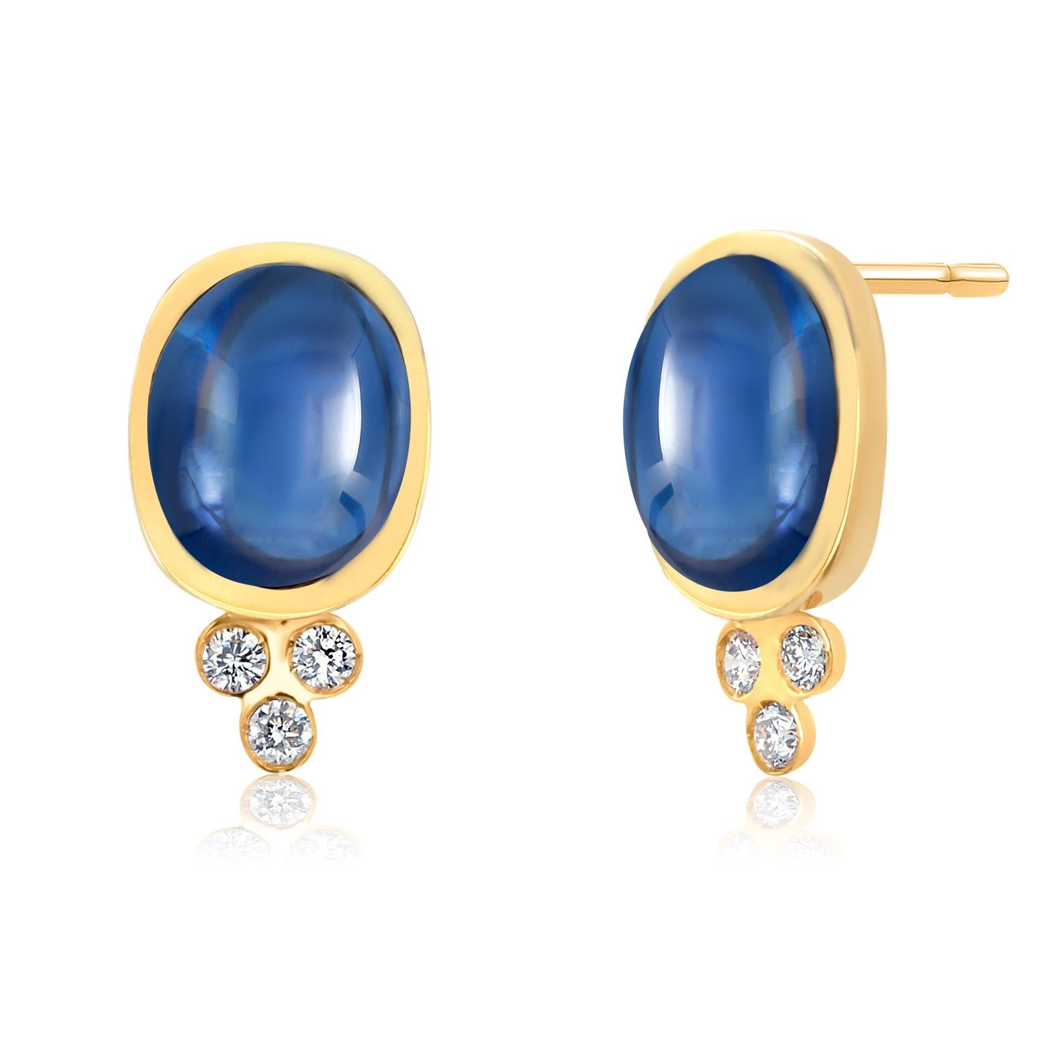 Clous d'oreilles Ceylan en or jaune 14 carats sertis de saphirs cabochons et de diamants en vente 3