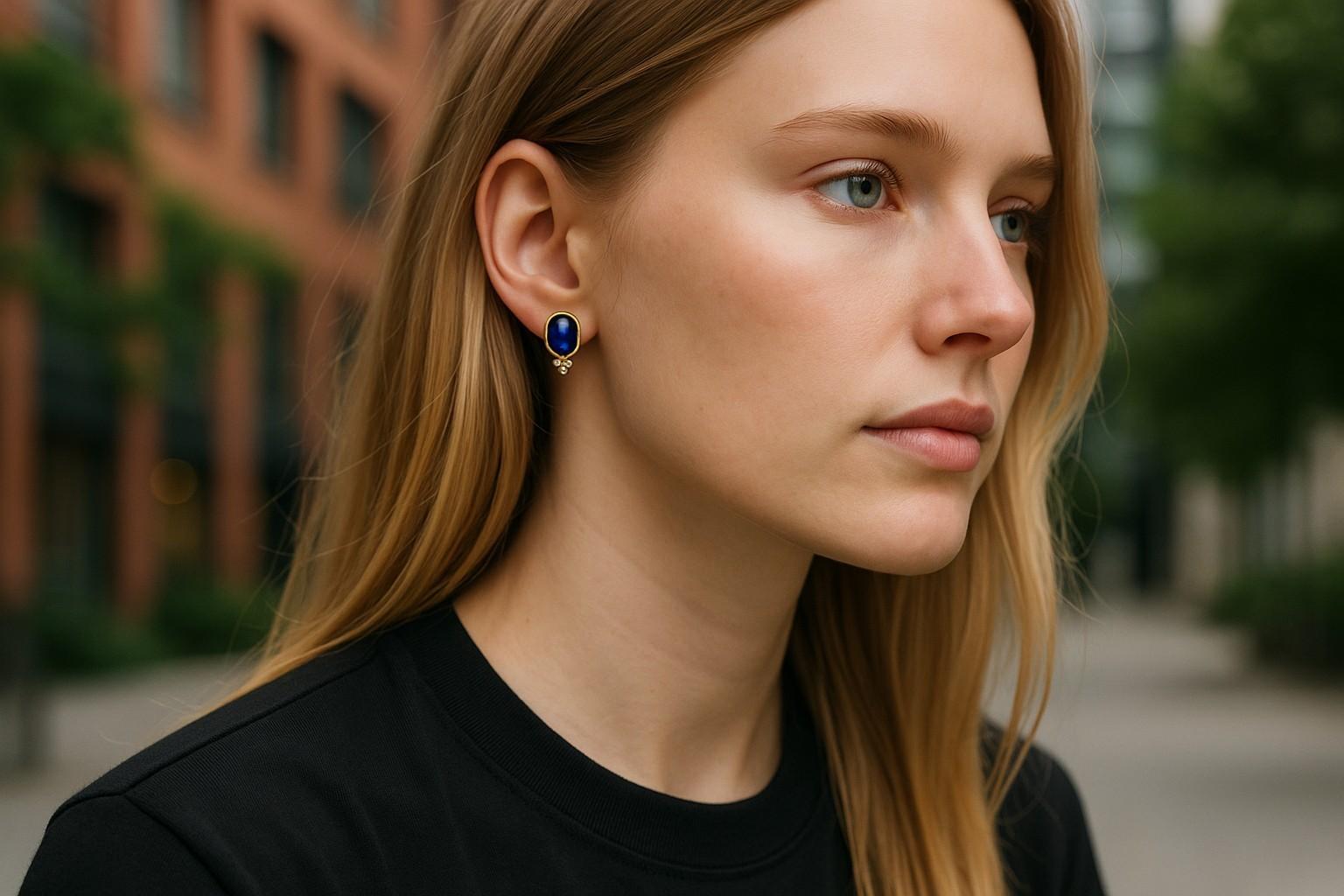 Clous d'oreilles Ceylan en or jaune 14 carats sertis de saphirs cabochons et de diamants Neuf - En vente à New York, NY