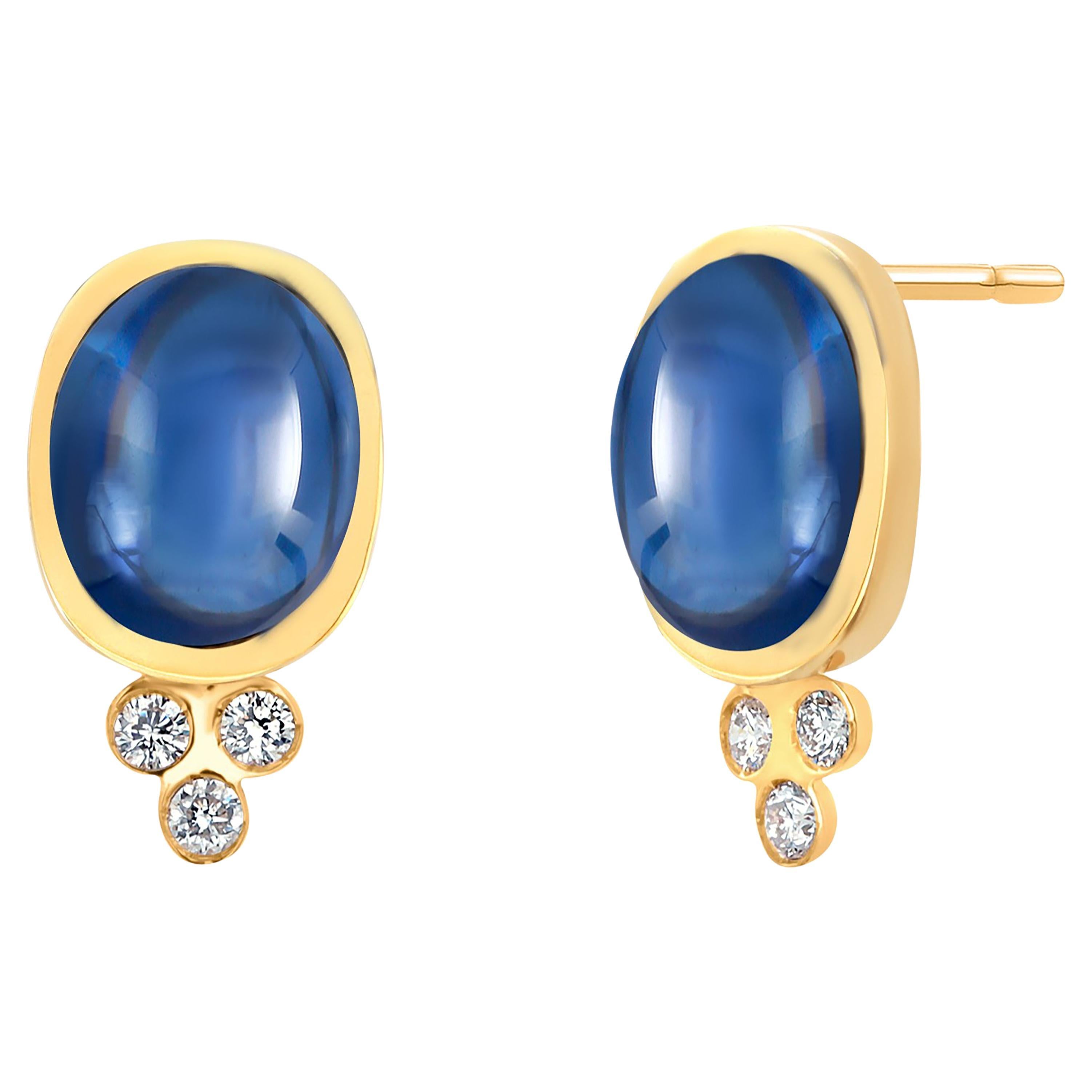 14K Yellow Gold Ceylon Cabochon Sapphire and Diamond Bezel-Set Stud Earrings