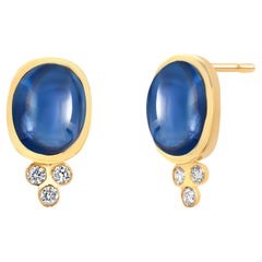 14K Yellow Gold Ceylon Cabochon Sapphire and Diamond Bezel-Set Stud Earrings