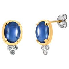 14K Yellow Gold Ceylon Cabochon Sapphire and Diamond Bezel-Set Stud Earrings