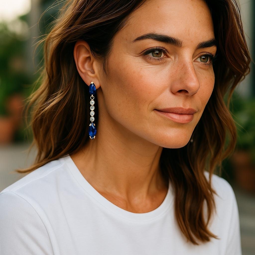 14K Yellow Gold Ceylon Marquise Sapphire and Diamond Lariat Drop Earrings In New Condition For Sale In New York, NY
