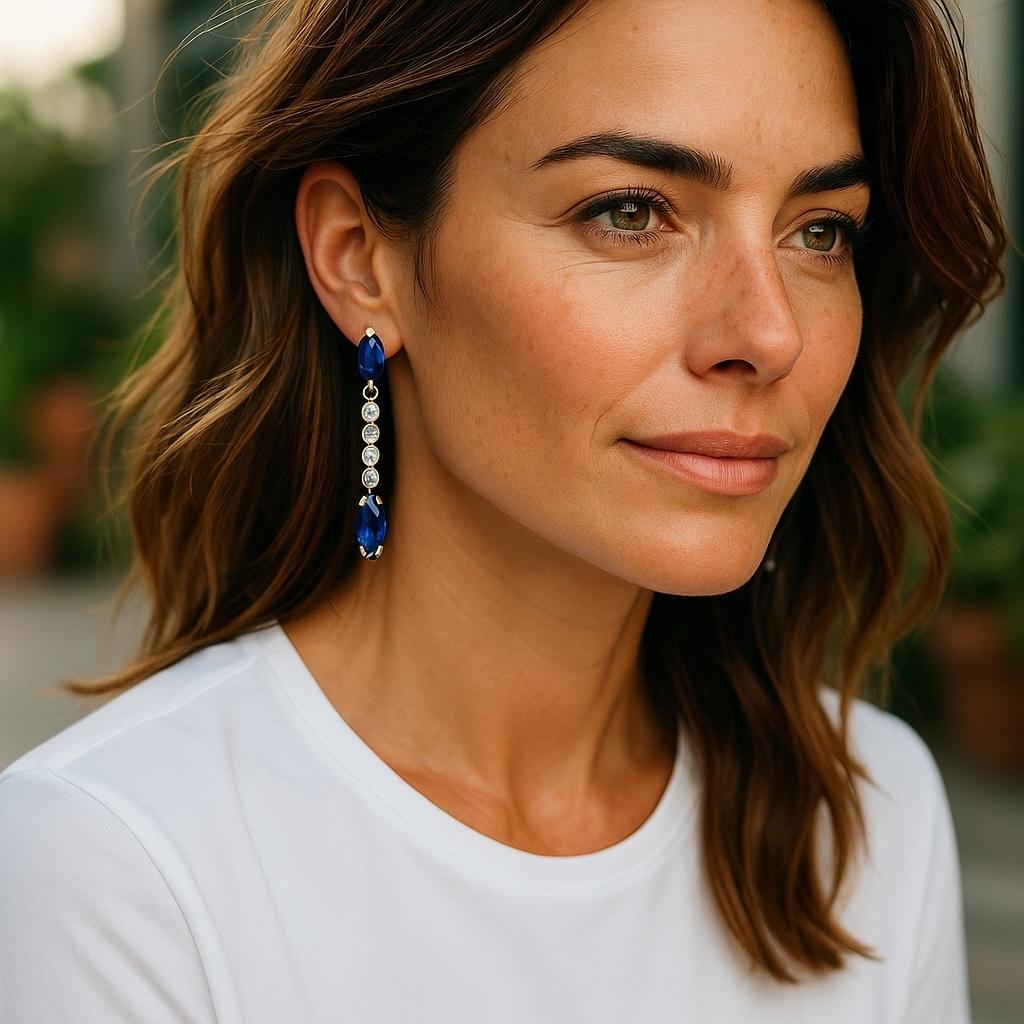 Marquise Cut 14K Yellow Gold Ceylon Marquise Sapphire and Diamond Lariat Drop Earrings For Sale