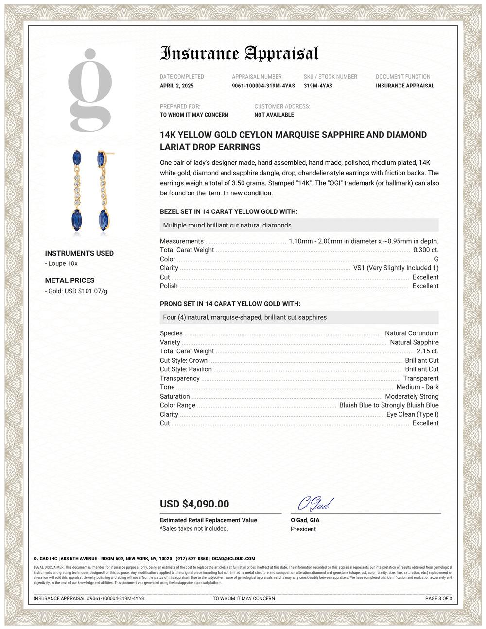Contemporary 14K Yellow Gold Ceylon Marquise Sapphire and Diamond Lariat Drop Earrings For Sale