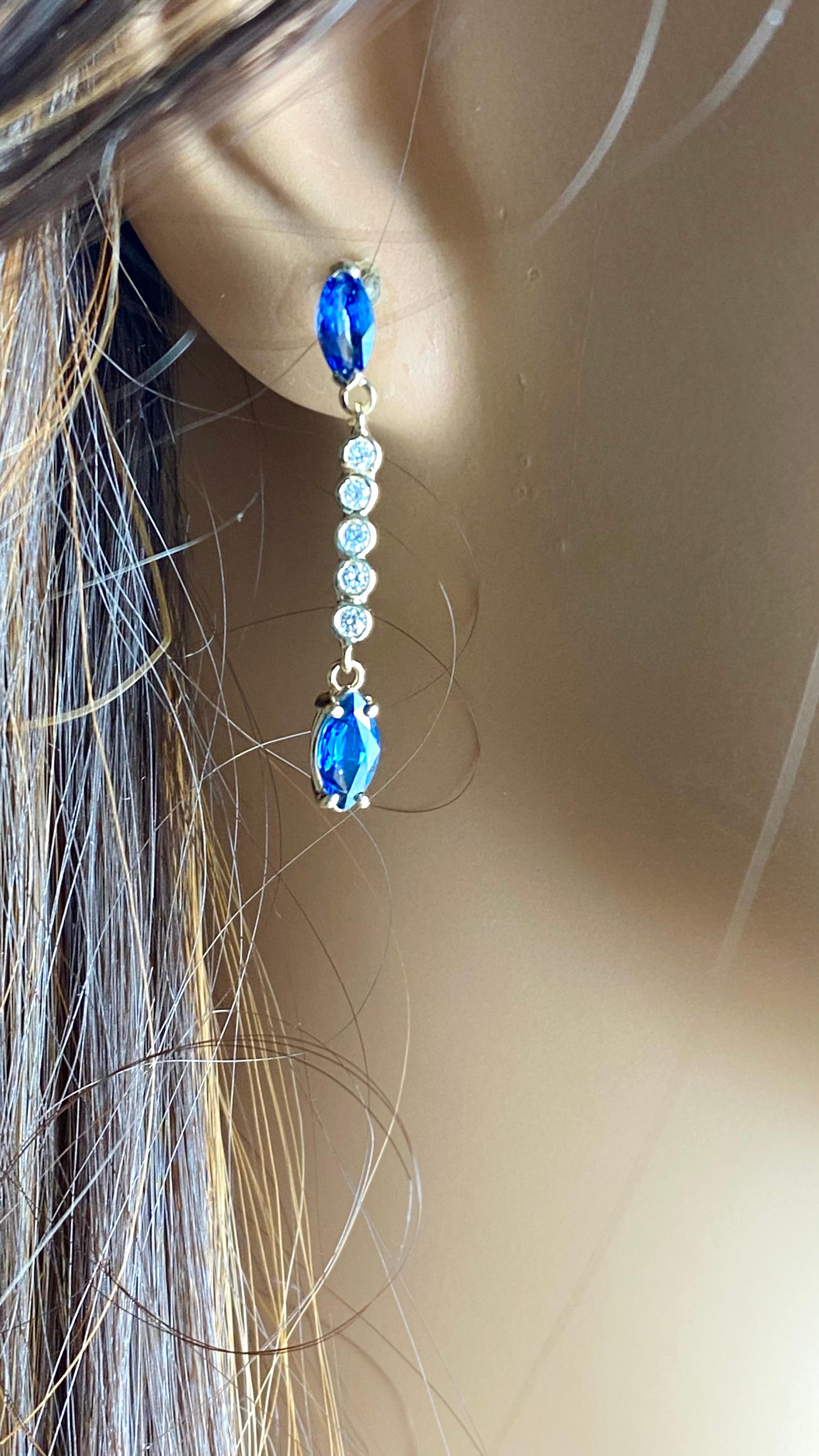 Women's 14K Yellow Gold Ceylon Marquise Sapphire and Diamond Lariat Drop Earrings For Sale
