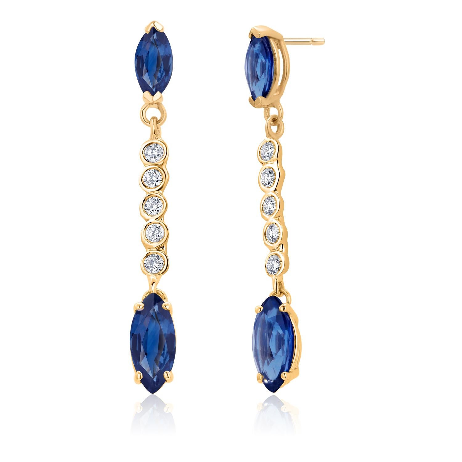 14K Yellow Gold Ceylon Marquise Sapphire and Diamond Lariat Drop Earrings For Sale 1