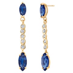 14K Yellow Gold Ceylon Marquise Sapphire and Diamond Lariat Drop Earrings