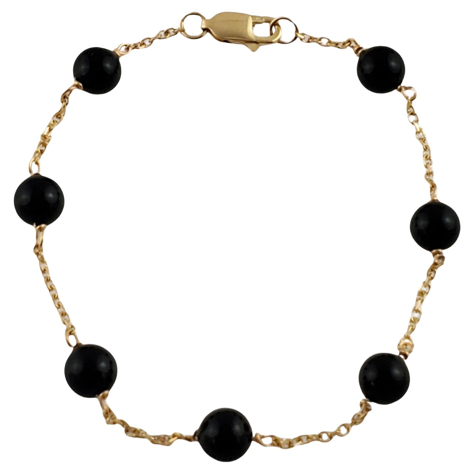 14K Yellow Gold Chain Black Bead Bracelet #12393