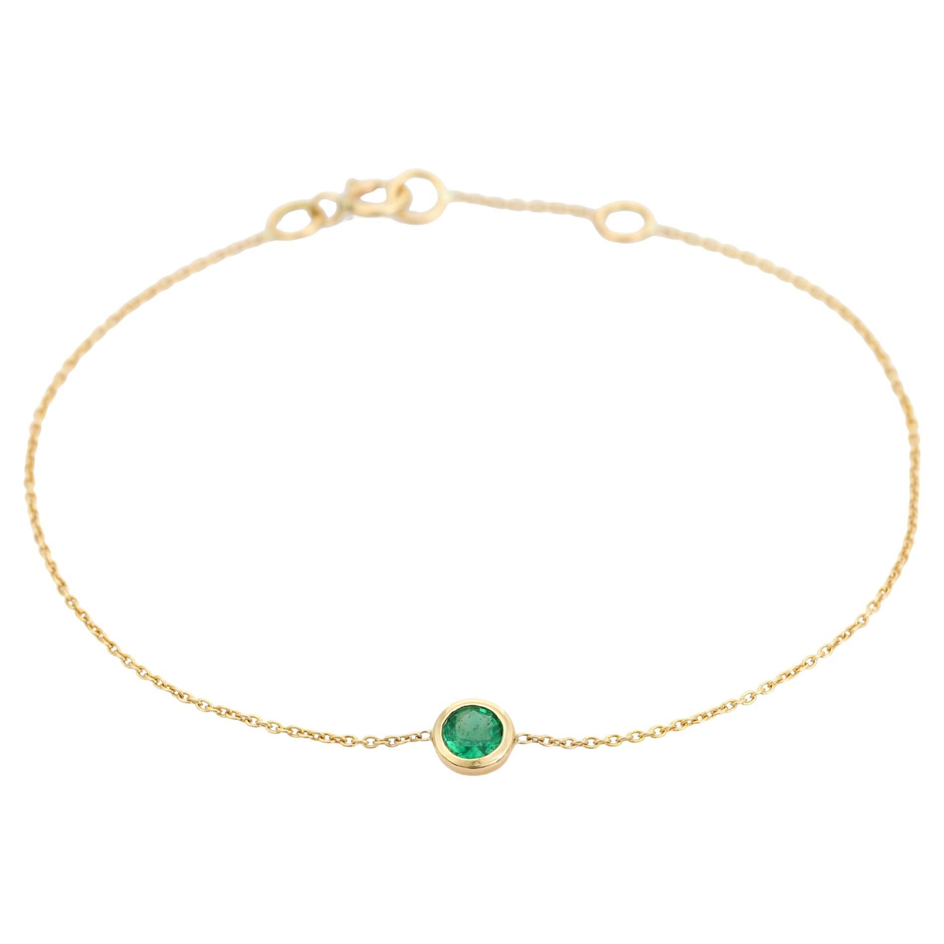 14K Yellow Gold Chain Bracelet with Natural Round Zambian Emerald Fine Jewelry