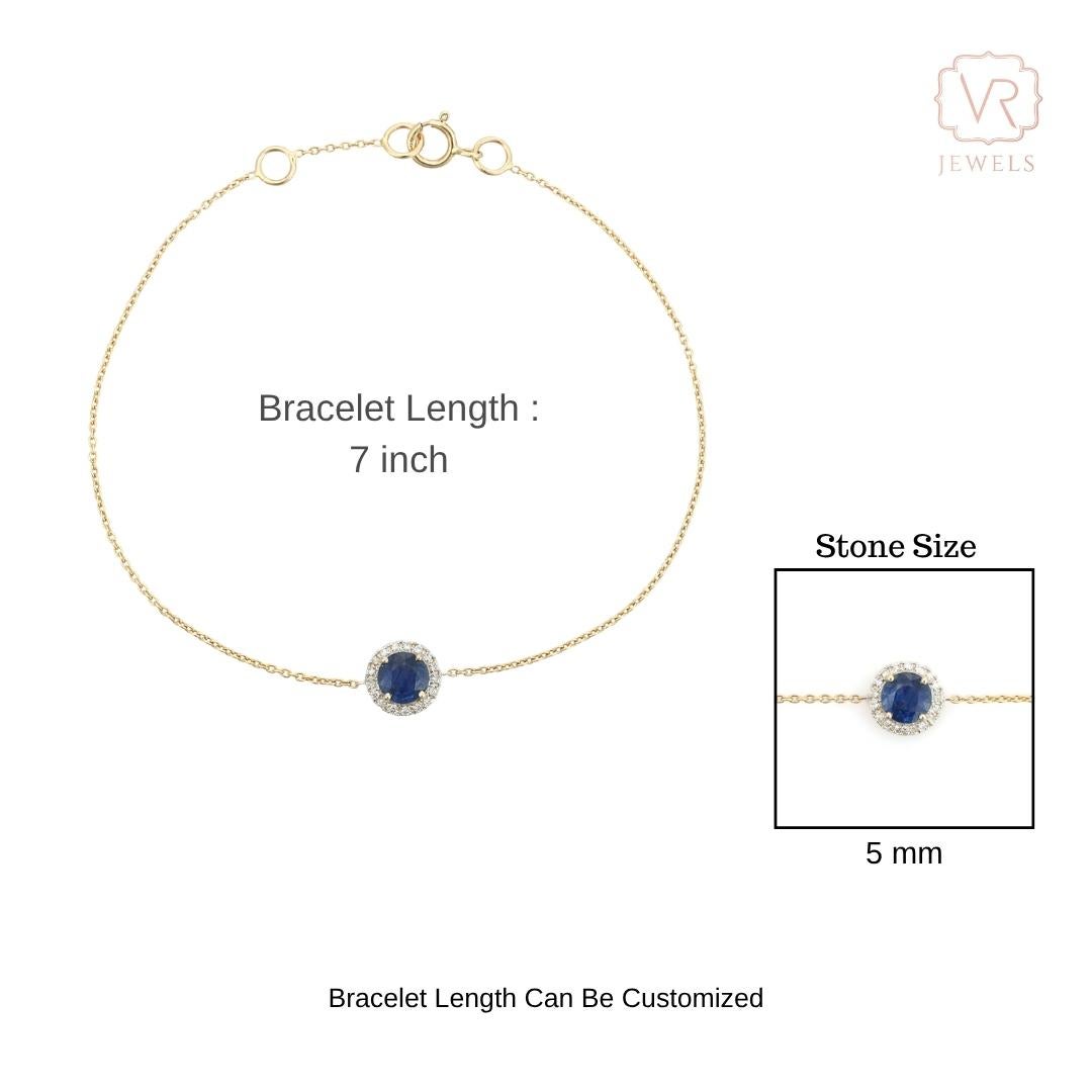 Bracelet en or jaune 14K avec saphir bleu taillé en rond et diamant en halo en vente 4