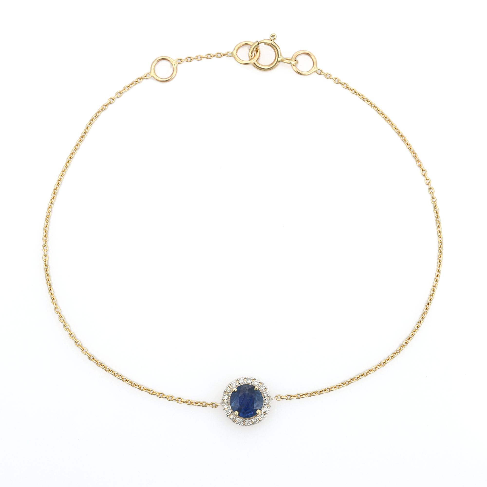 Moderno Bracciale a catena in oro giallo 14K con zaffiro blu taglio rotondo e diamante a raggiera in vendita