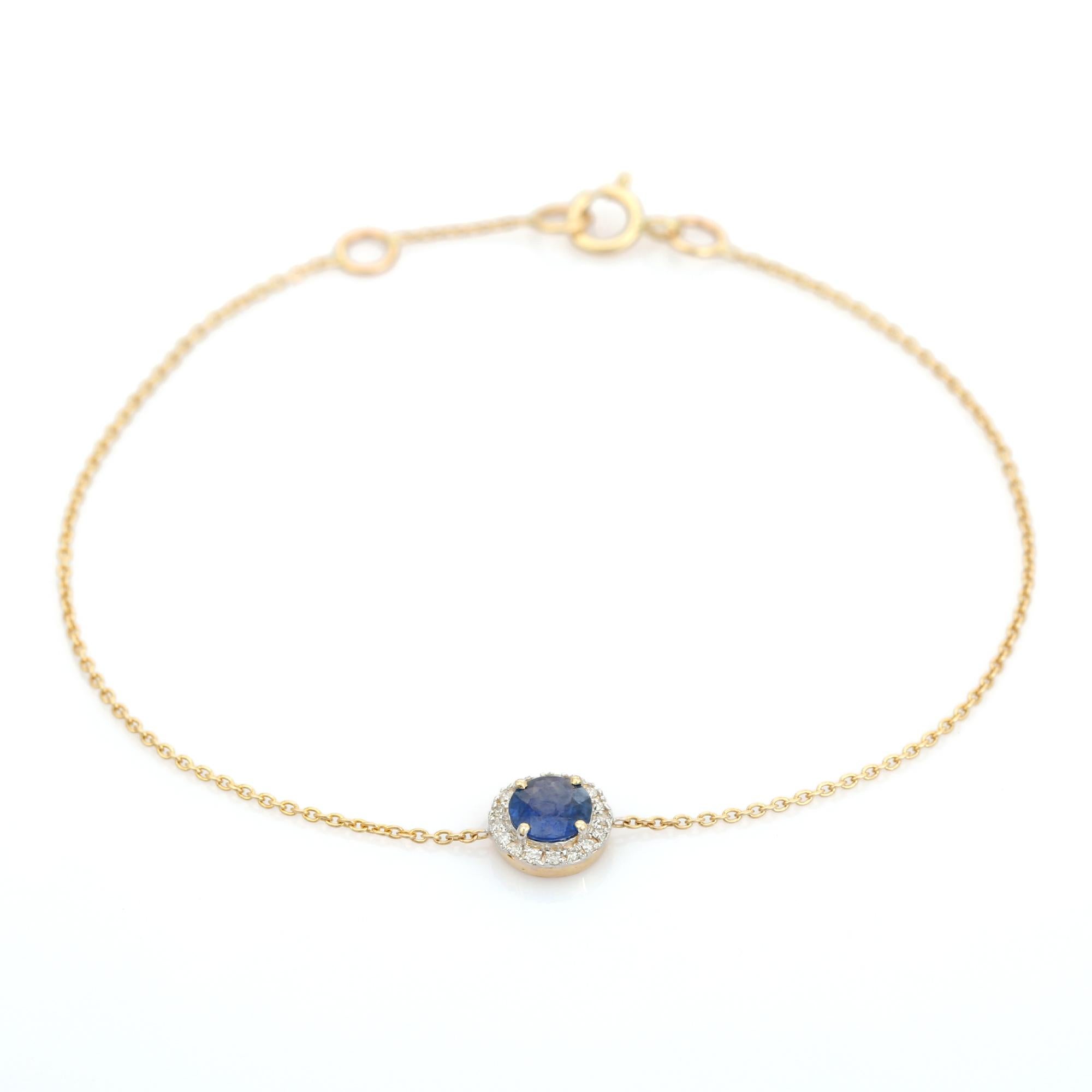 Taglio rotondo Bracciale a catena in oro giallo 14K con zaffiro blu taglio rotondo e diamante a raggiera in vendita