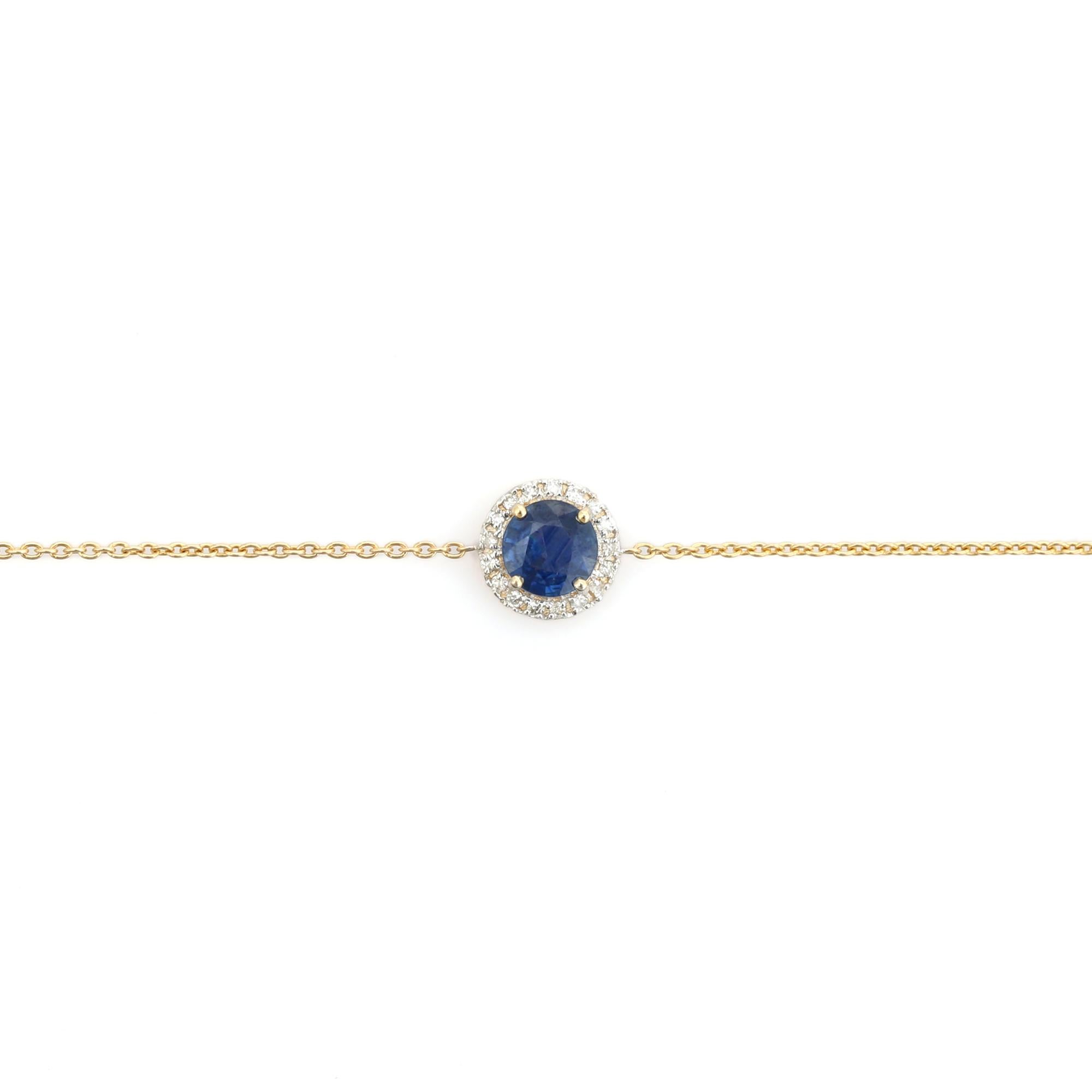Bracciale a catena in oro giallo 14K con zaffiro blu taglio rotondo e diamante a raggiera in vendita 2