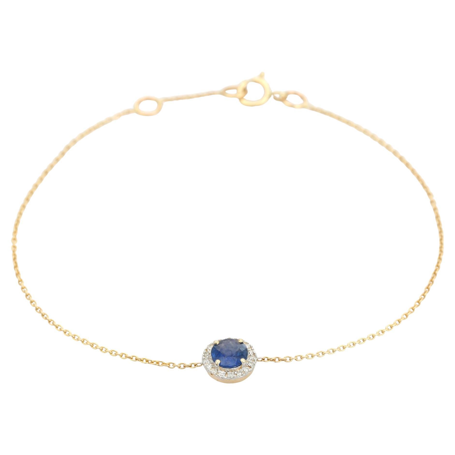 14K Yellow Gold Chain Bracelet with Round Cut Blue Sapphire and Halo Diamond