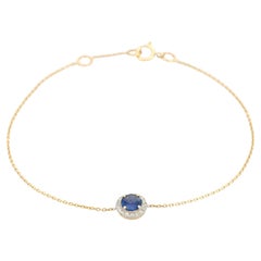 14K Yellow Gold Chain Bracelet with Round Cut Blue Sapphire and Halo Diamond