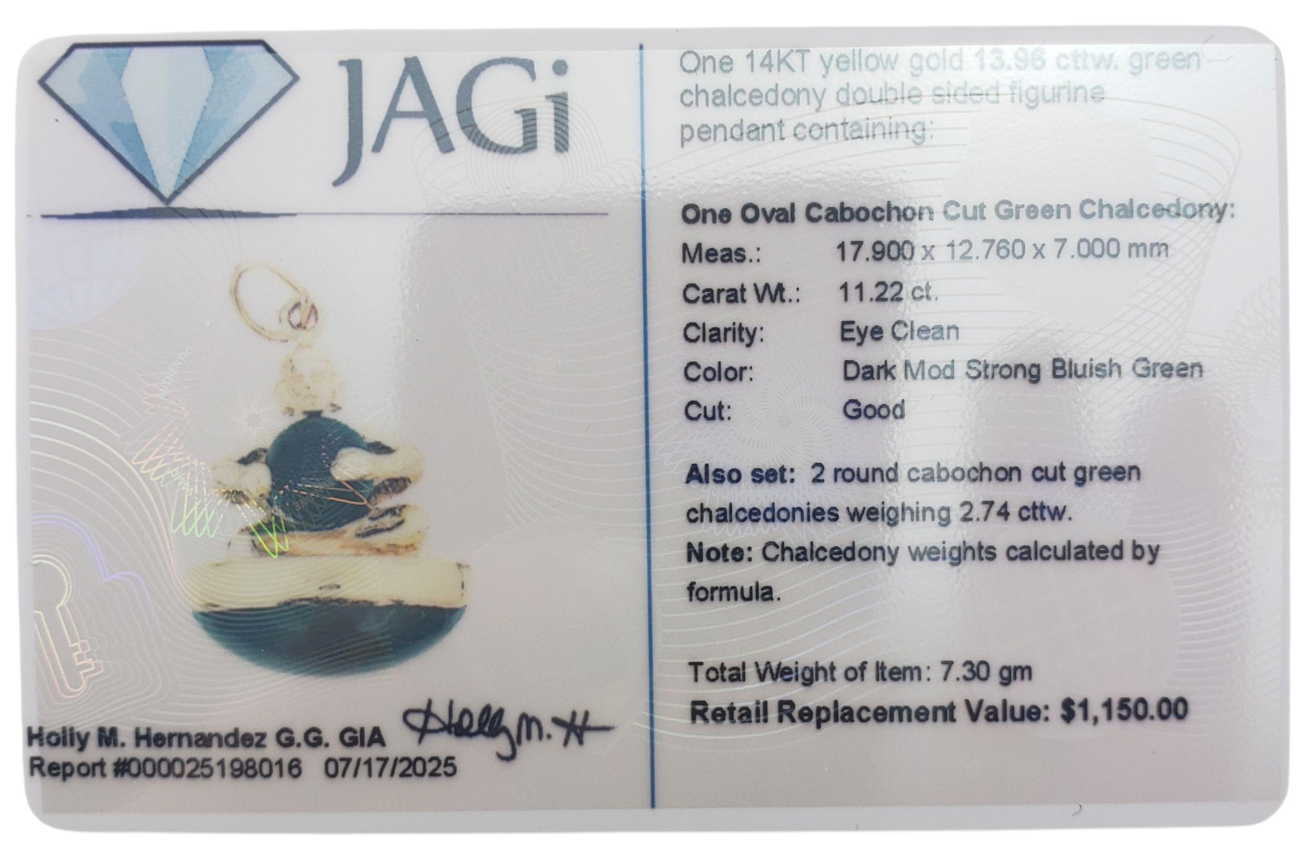 14K Yellow Gold Chalcedony Double-Sided Figure Pendant JAGi Certified #22651 For Sale 3