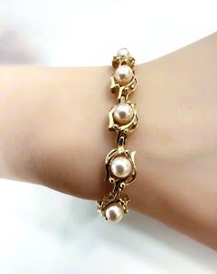 Bracciale A Link in oro giallo 14k con pannello di perle e champagne, 7,25 pollici