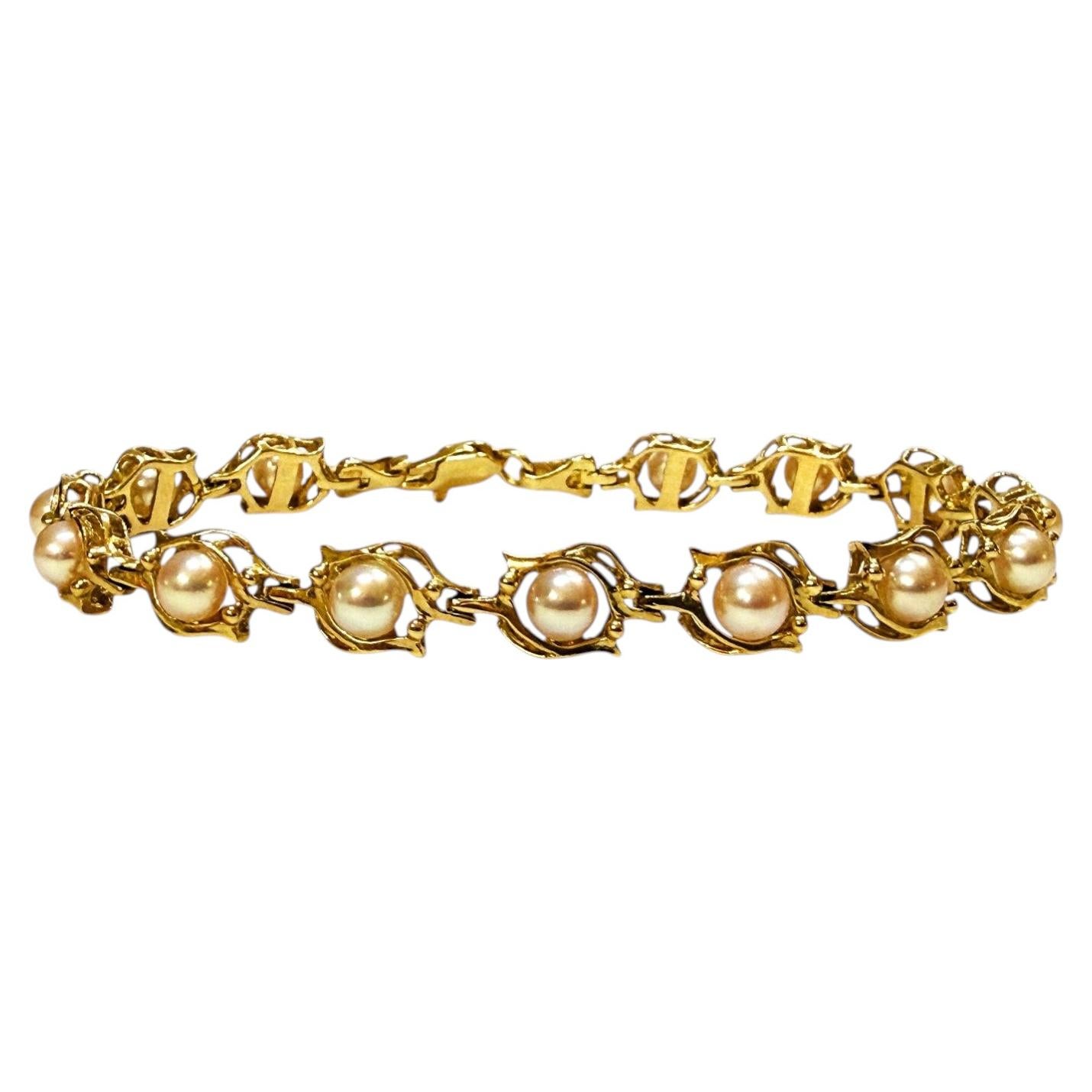 14k Gelbgold Champagner Perle Panel Link Armband 7,25 Zoll im Angebot