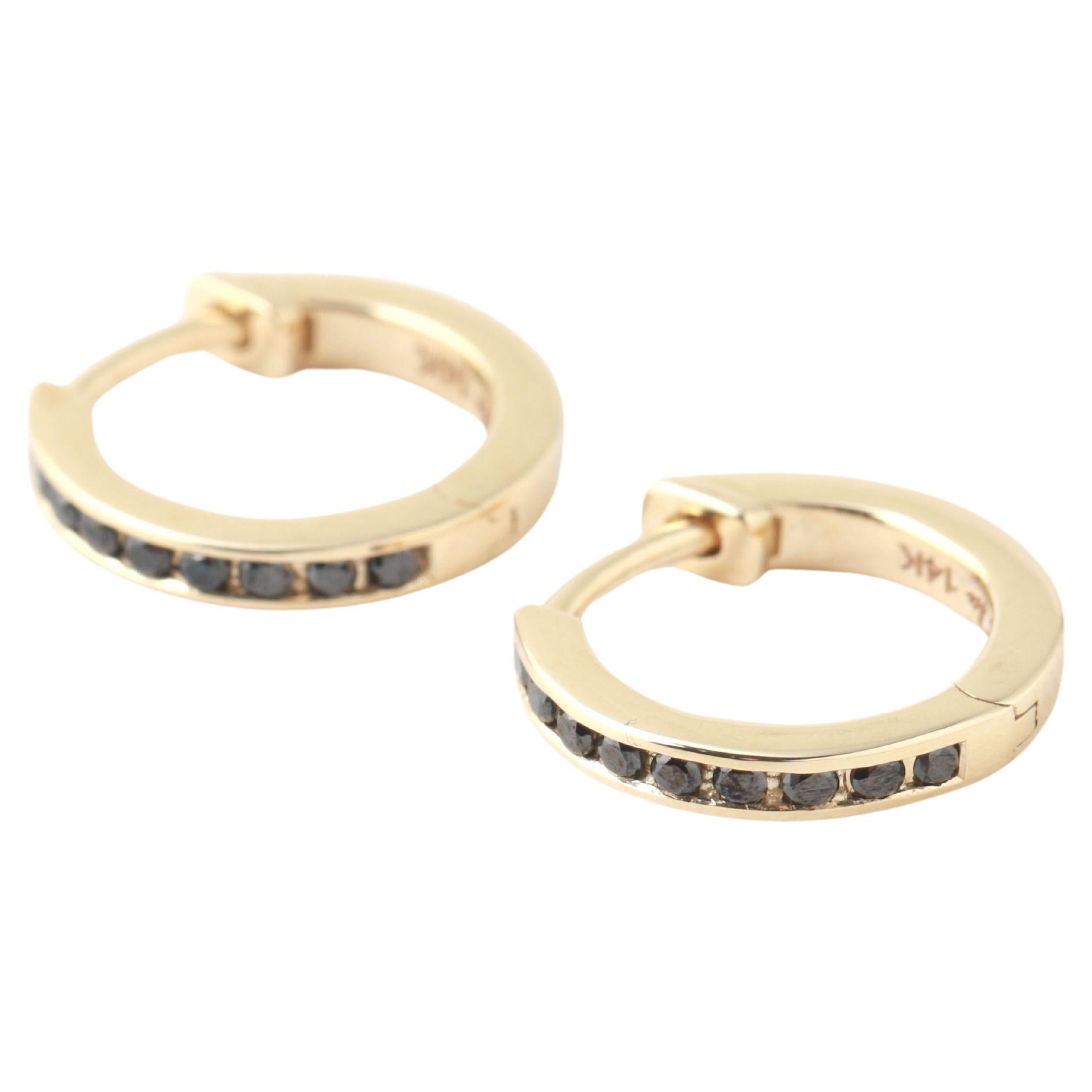 14k Yellow Gold Channel Set Black Diamond Hoop Earrings For Sale